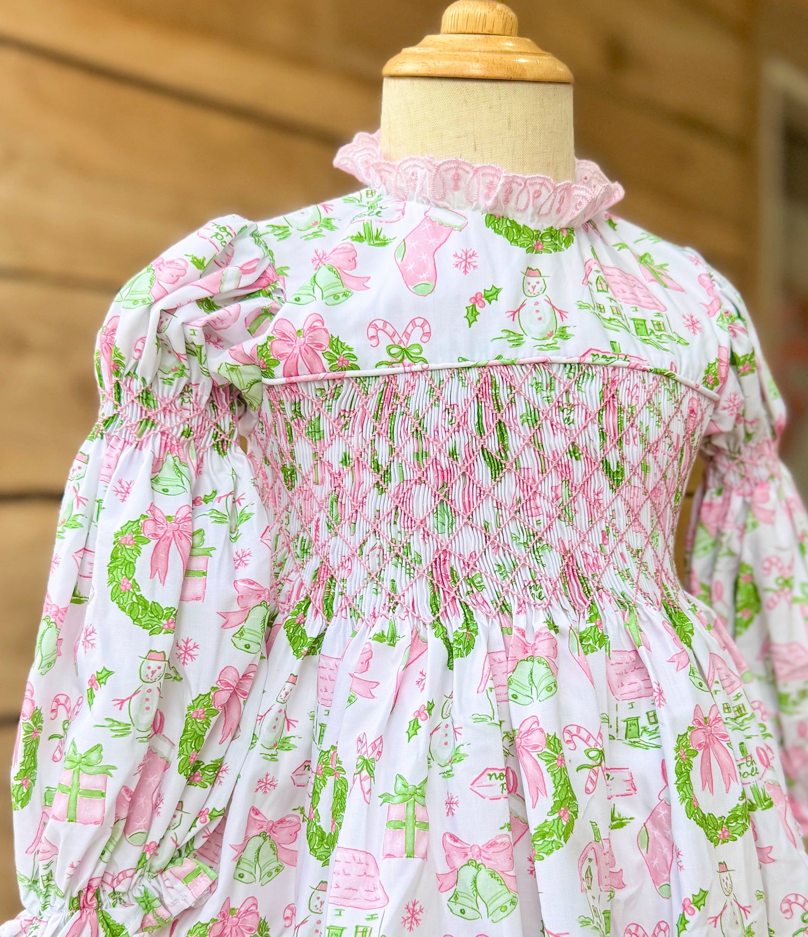Girls Pink & Green Toile Smocked Bubble