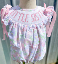 Girls “LITTLE SISTER” Spring Blooms Smocked Bubble
