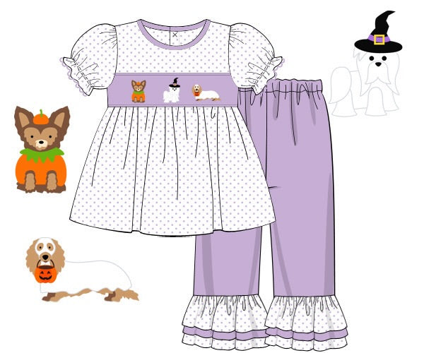 Girls Smocked Spooky Pups Ruffle Pants Set