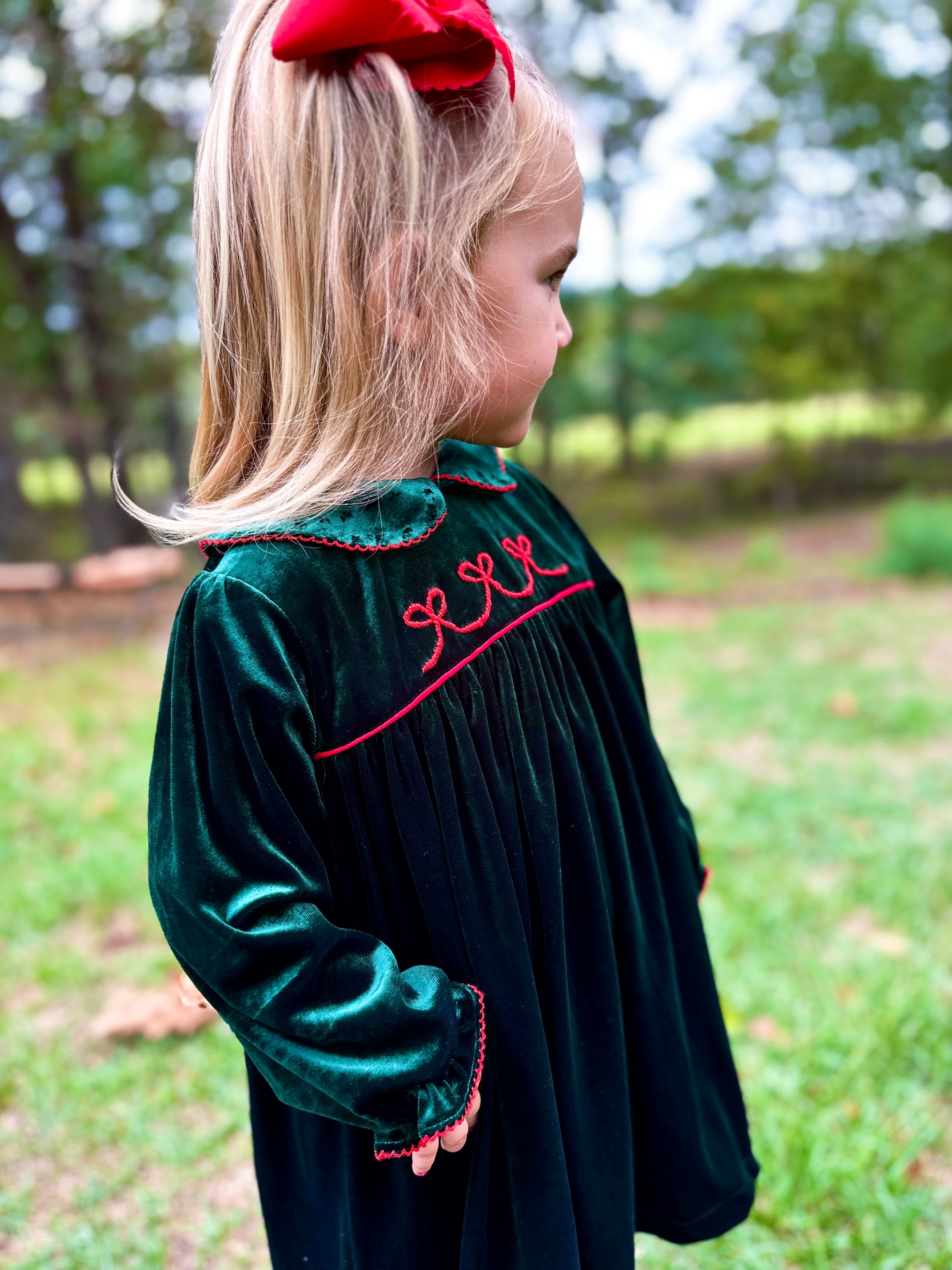 Girls Green Velvet Bow Embroidered Bloomer Set/ Dress RTS