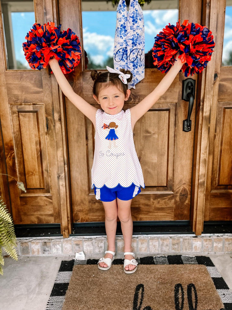 Girls Royal Blue and Orange Cheerleader Short Set (cheerleader only)