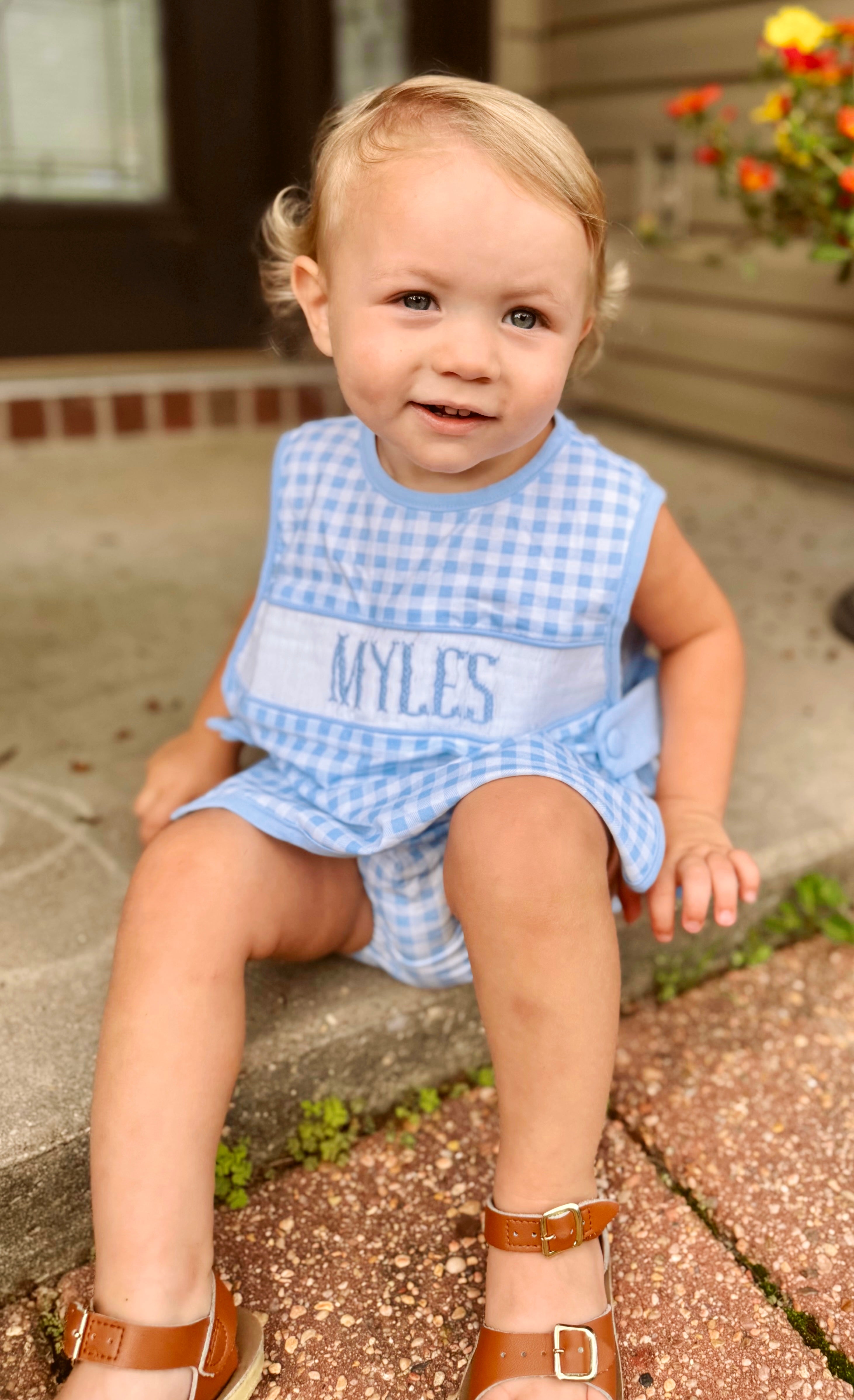 Boys “LITTLE BROTHER” Smocked Blue Gingham Diaper Set