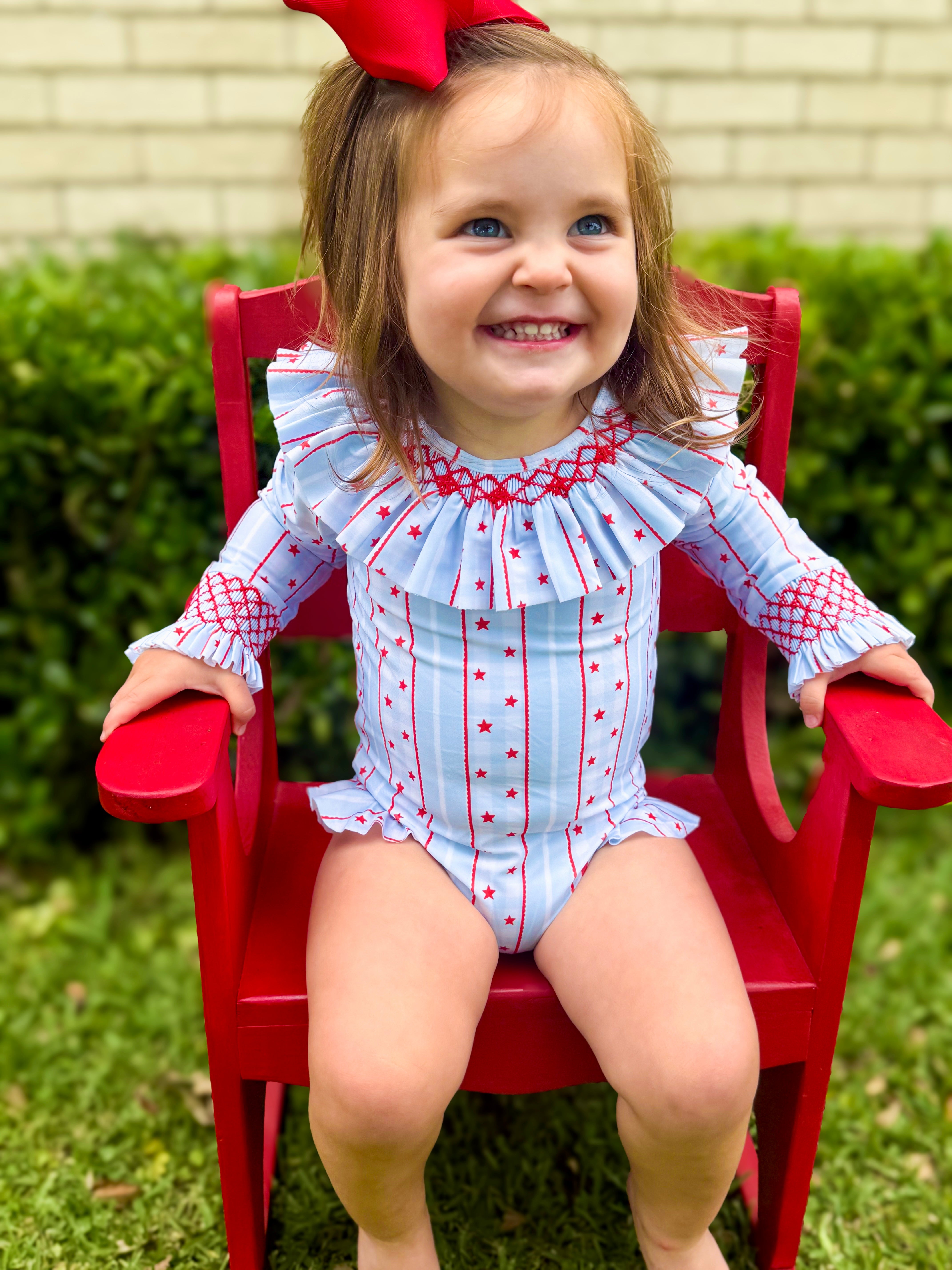 Girls Smocked Oh My Stars Long Sleeve Rashguard Swimsuit- UPF 50+