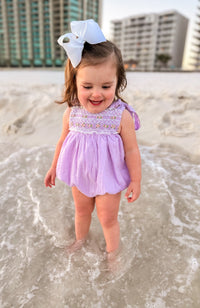 Girls Purple Swiss Dot Heirloom Smocked Bubble