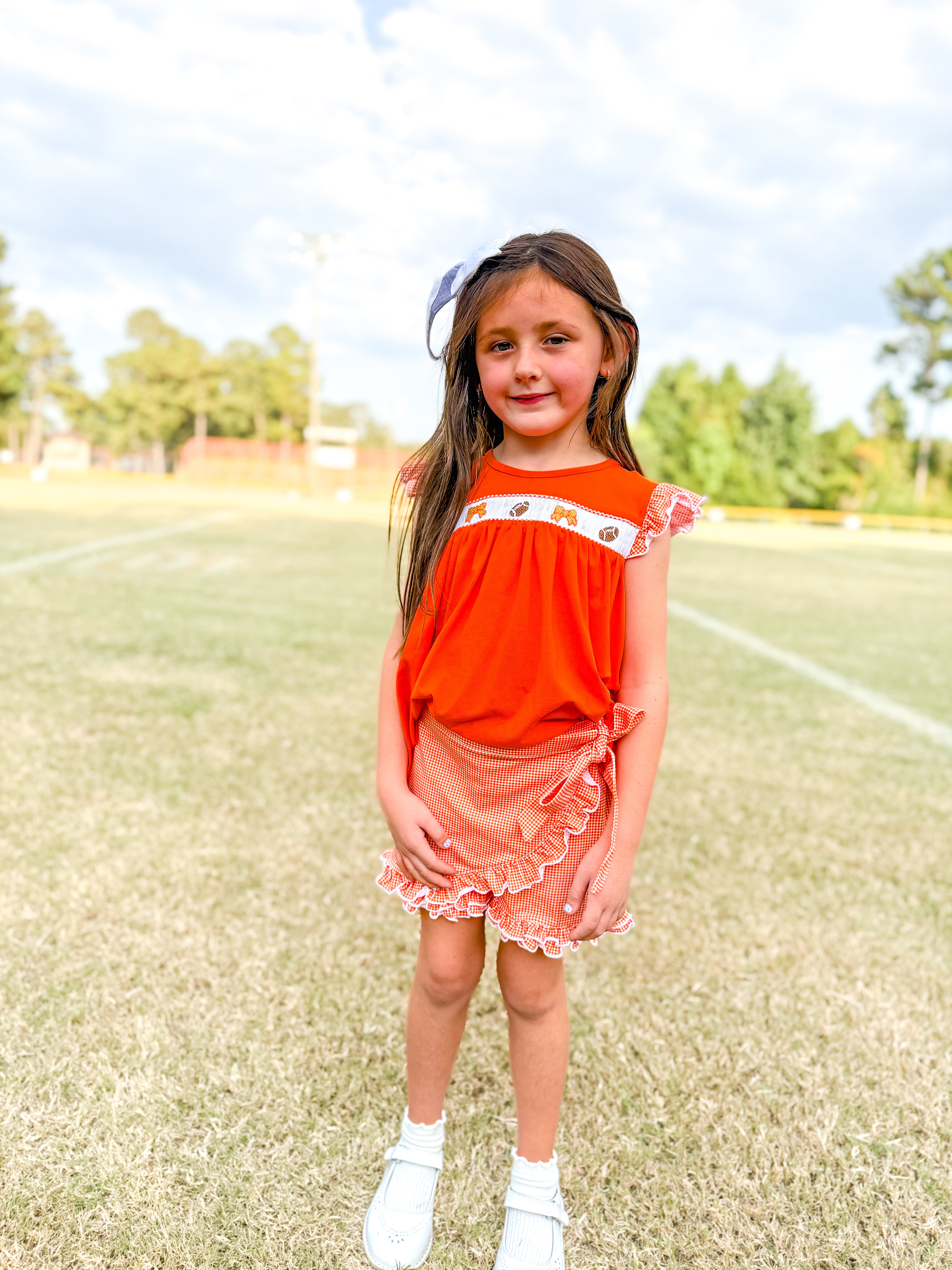 Orange Smocked Footballs and Bows Tie Skort