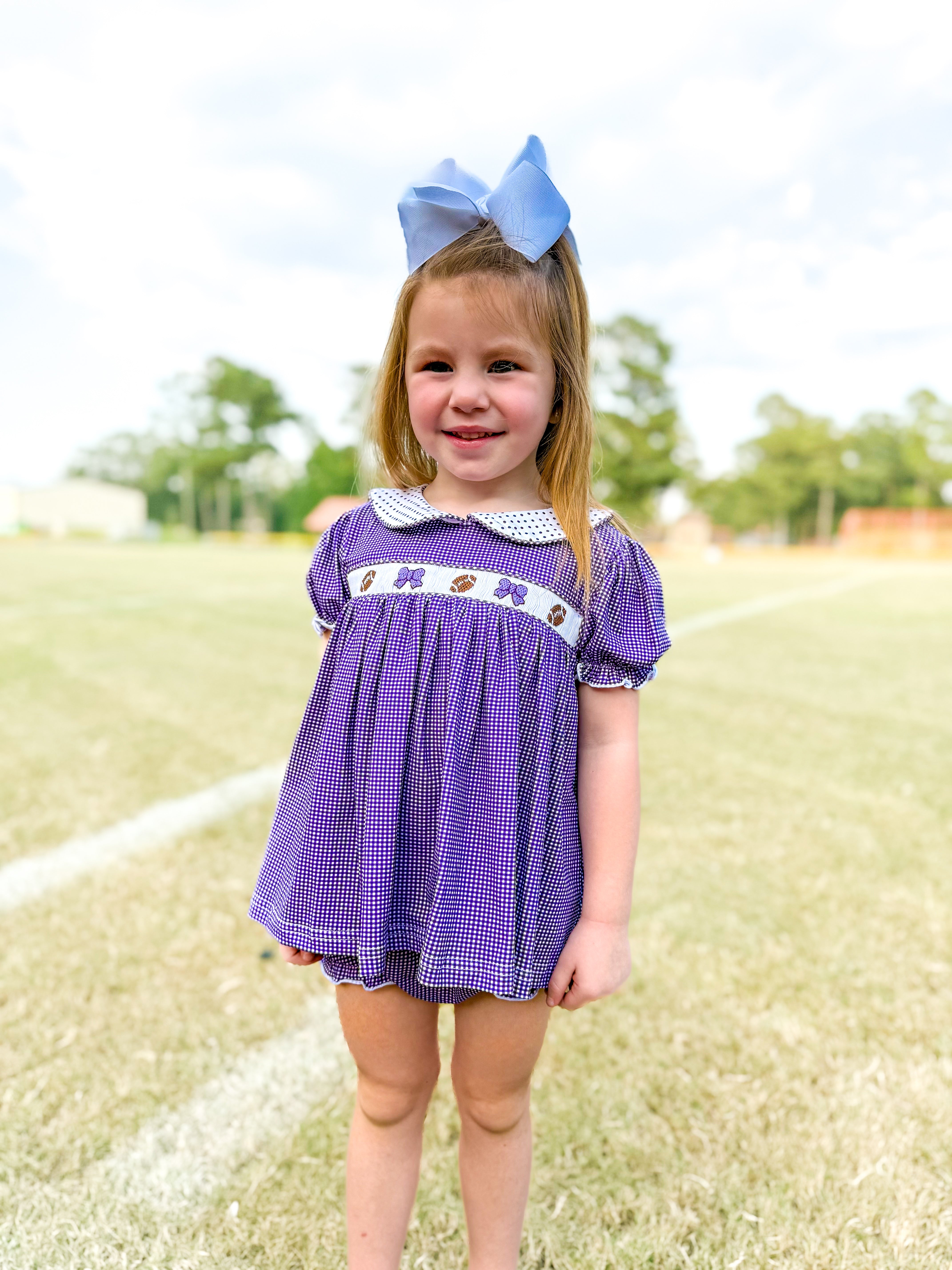 Purple Smocked Footballs and Bows Bloomer Set