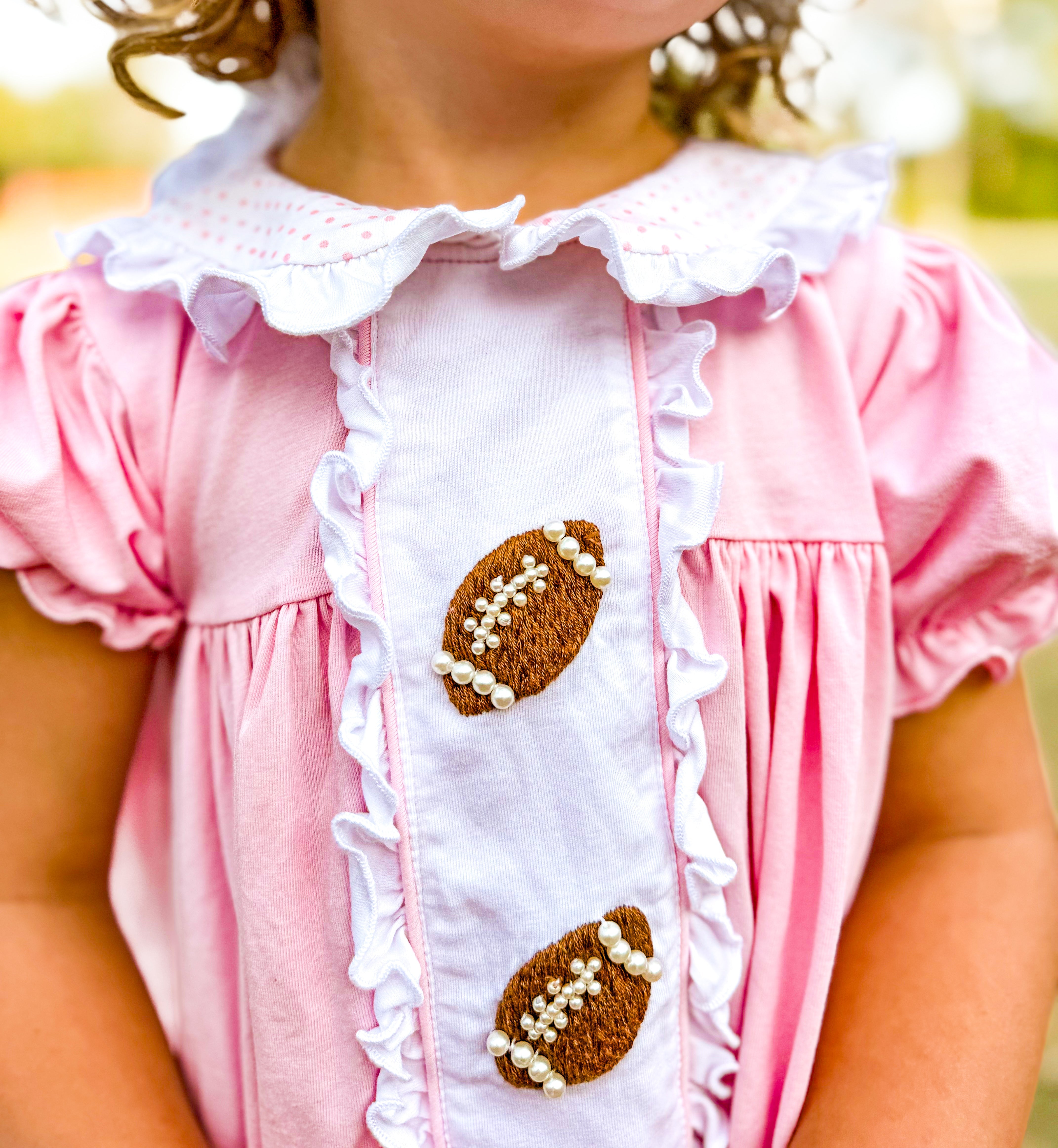 Girls Pink Pearl Hand Embroidered Footballs Ruffle Short Set