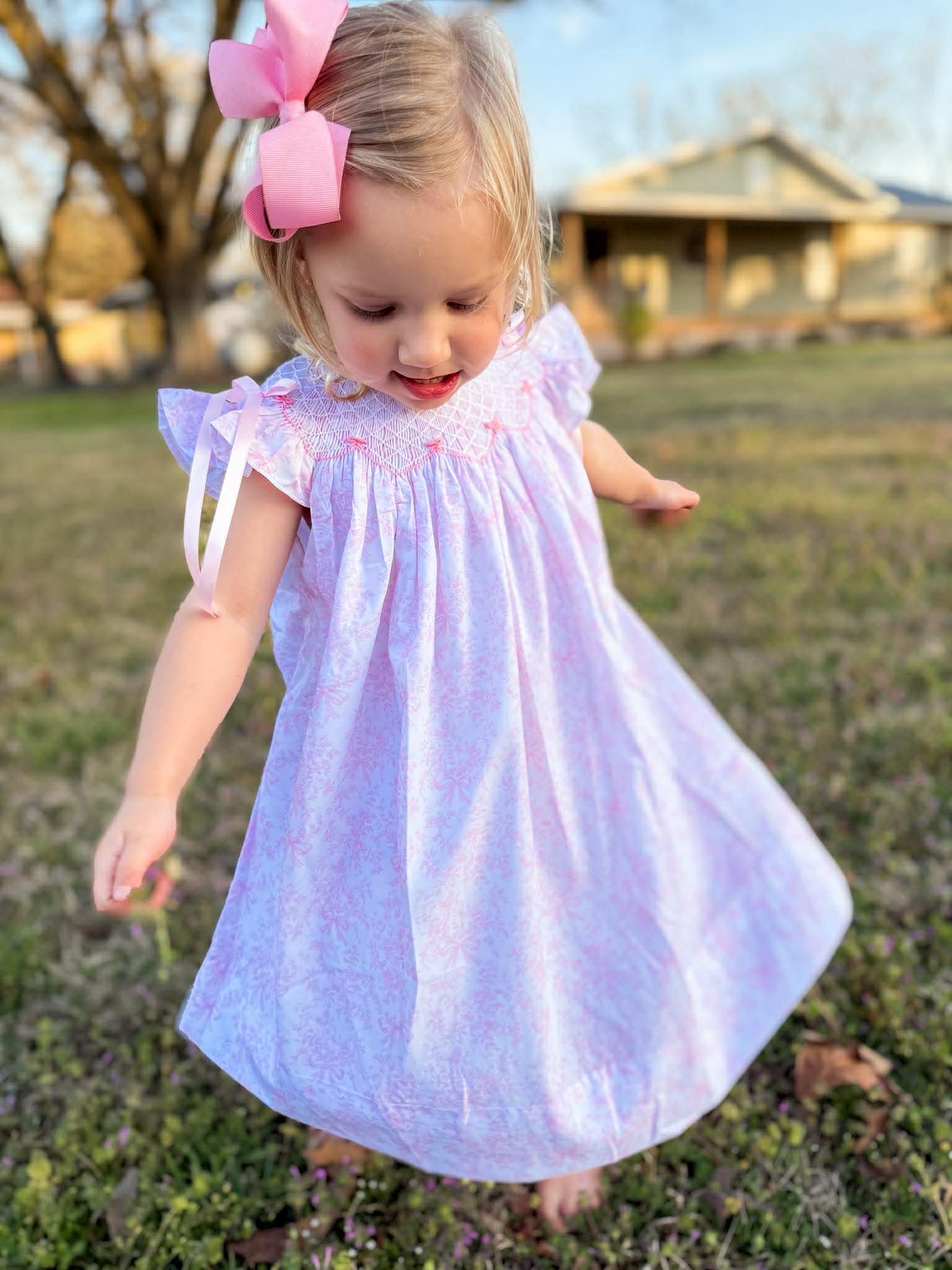 Girls Toile Garden Bows Smocked Dress