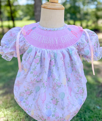 Girls Smocked “Birthday Girl” Beary Sweet Birthday Bloomer Set & Dress