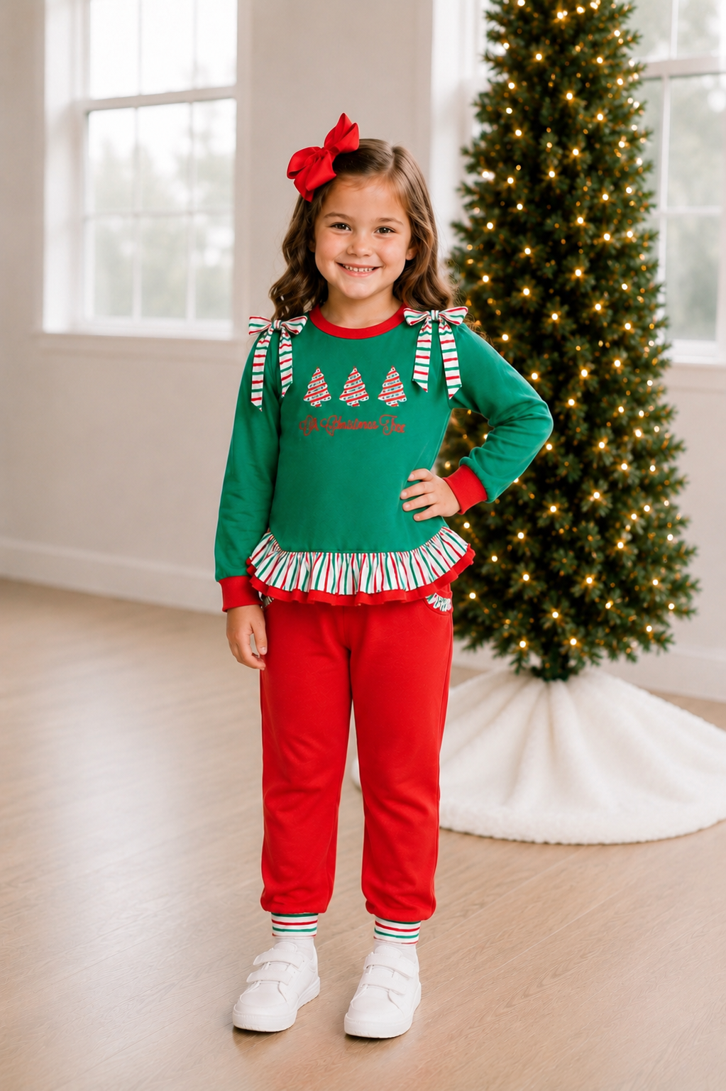 PRE ORDER Girls French Knot & Beaded Oh Christmas Tree Jogger Set | ETA to LBS: OCTOBER