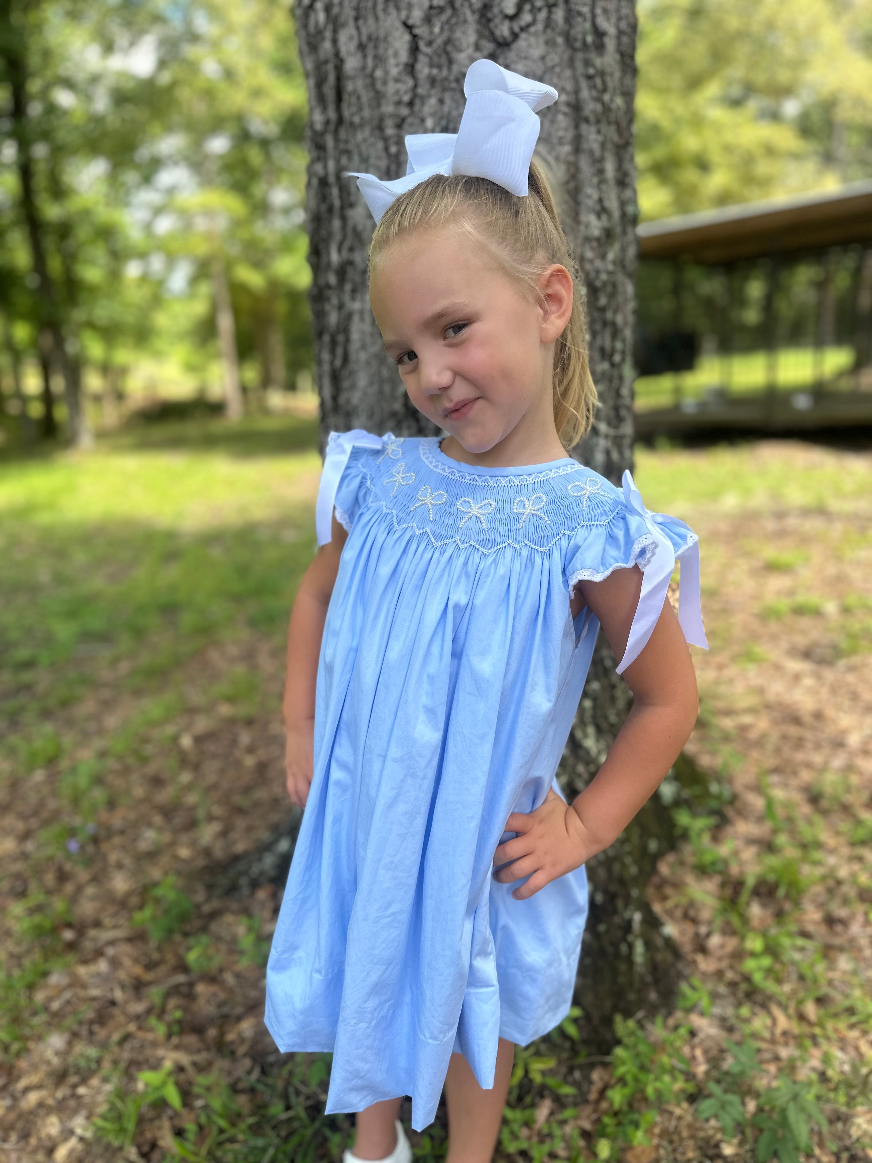 Girls Blue Smocked Pearl Bows Dress