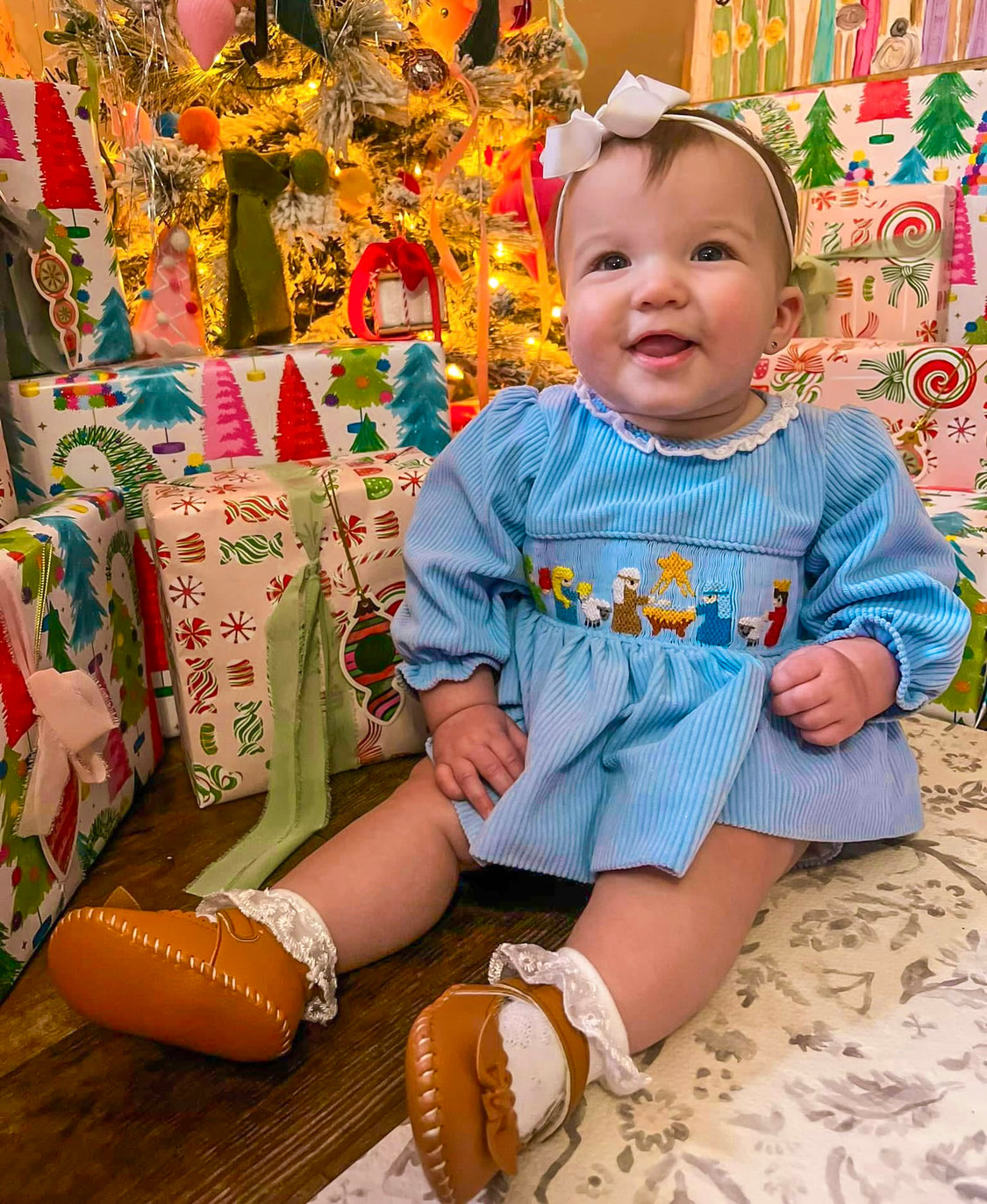 Girls Nativity Smocked Corduroy Bloomer Set