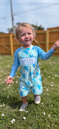 Boys Smock “CATCHIN WAVES” Sea Turtle One-Piece Rash-Guard Swimsuit UPF 50+