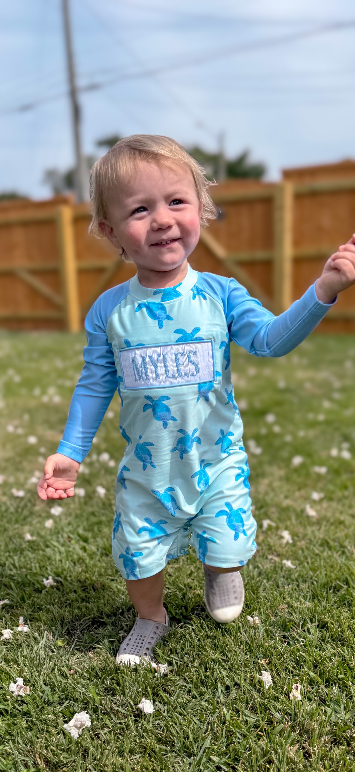 Boys Smock “CATCHIN WAVES” Sea Turtle One-Piece Rash-Guard Swimsuit UPF 50+