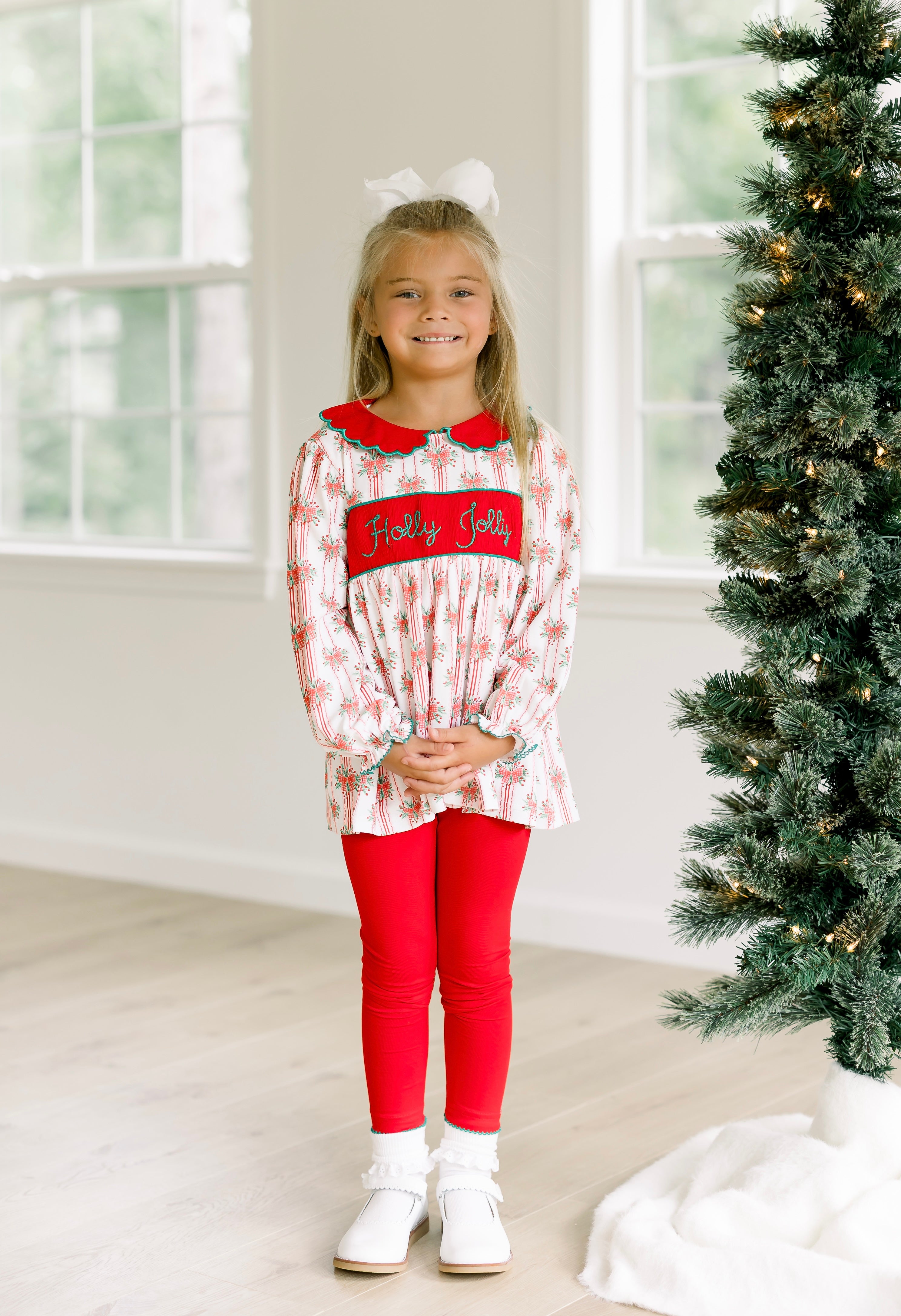 PRE ORDER Girls Smocked Holly Jolly Christmas Legging Set | ETA to LBS: OCTOBER