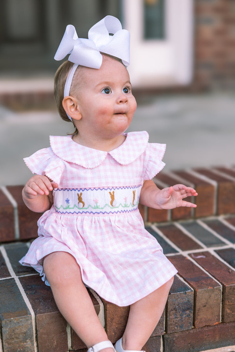 Girls Gingham Bunny Smocked Knit Bloomer Set/ Dress