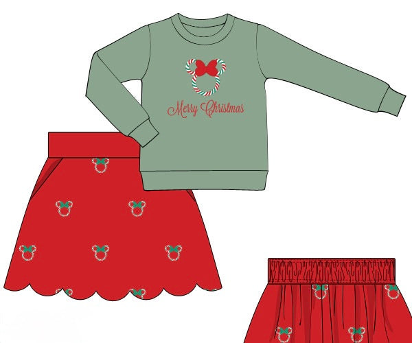 PRE ORDER Girls Embroidered Candy Cane Mouse Skort and Sweatshirt Set | ETA to LBS: OCTOBER