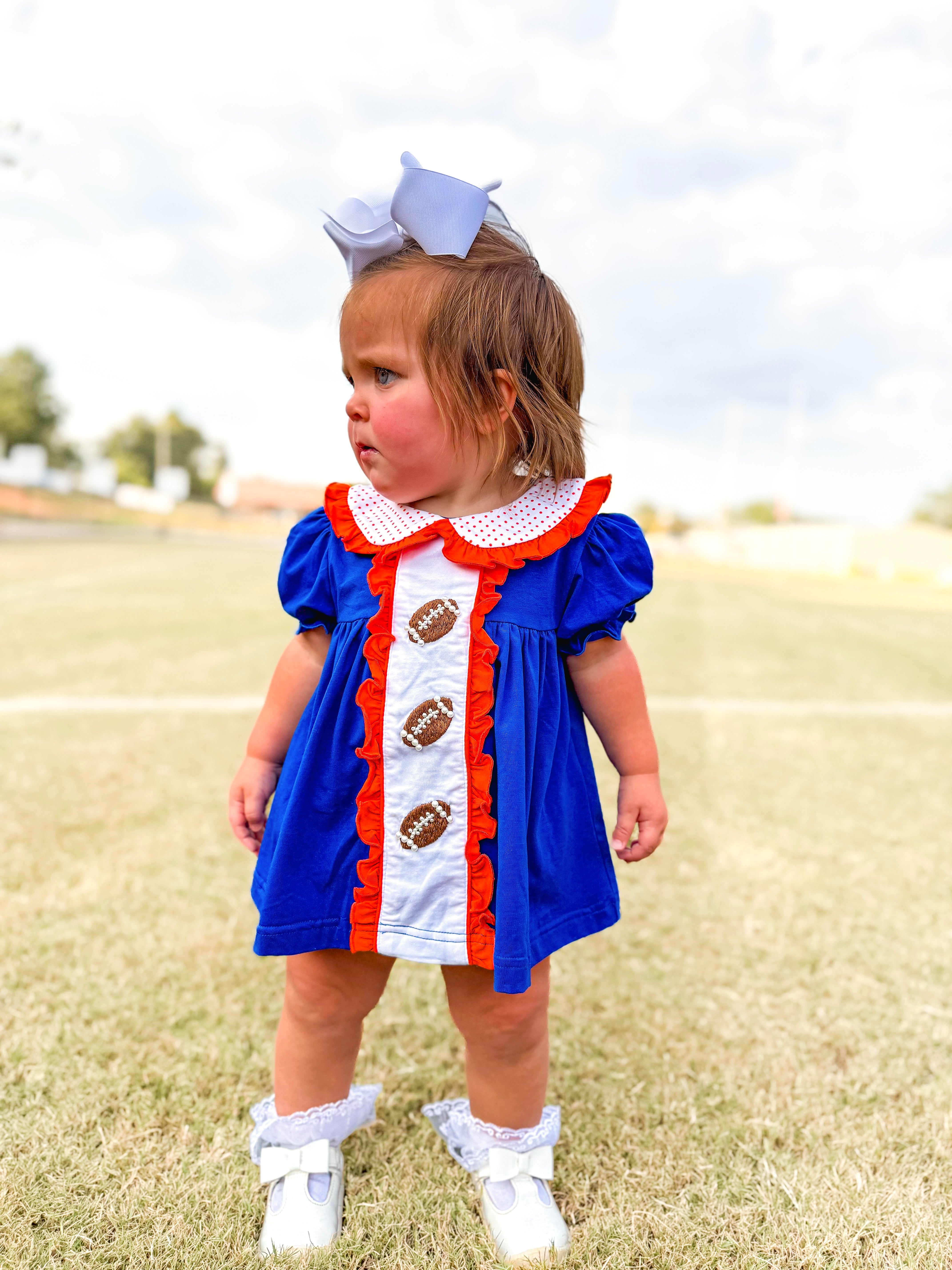 Orange/Royal Blue Pearl Hand Embroidered Footballs Bloomer Set