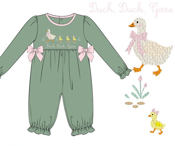 PRE ORDER Girls French Knot Duck, Duck, Goose Long Romper | ETA to LBS: DECEMBER