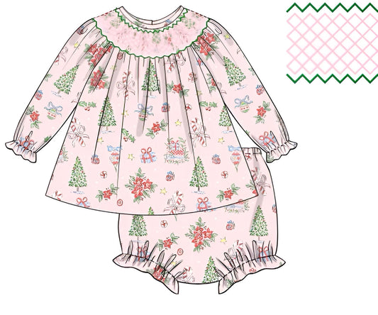 Girls Smocked Antique Christmas Print Bloomer Set