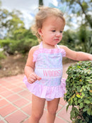 PRE ORDER Girls Name Smock Blooming Bows One-Piece Rash-Guard Swimsuit UPF 50+ | ETA to LBS: March