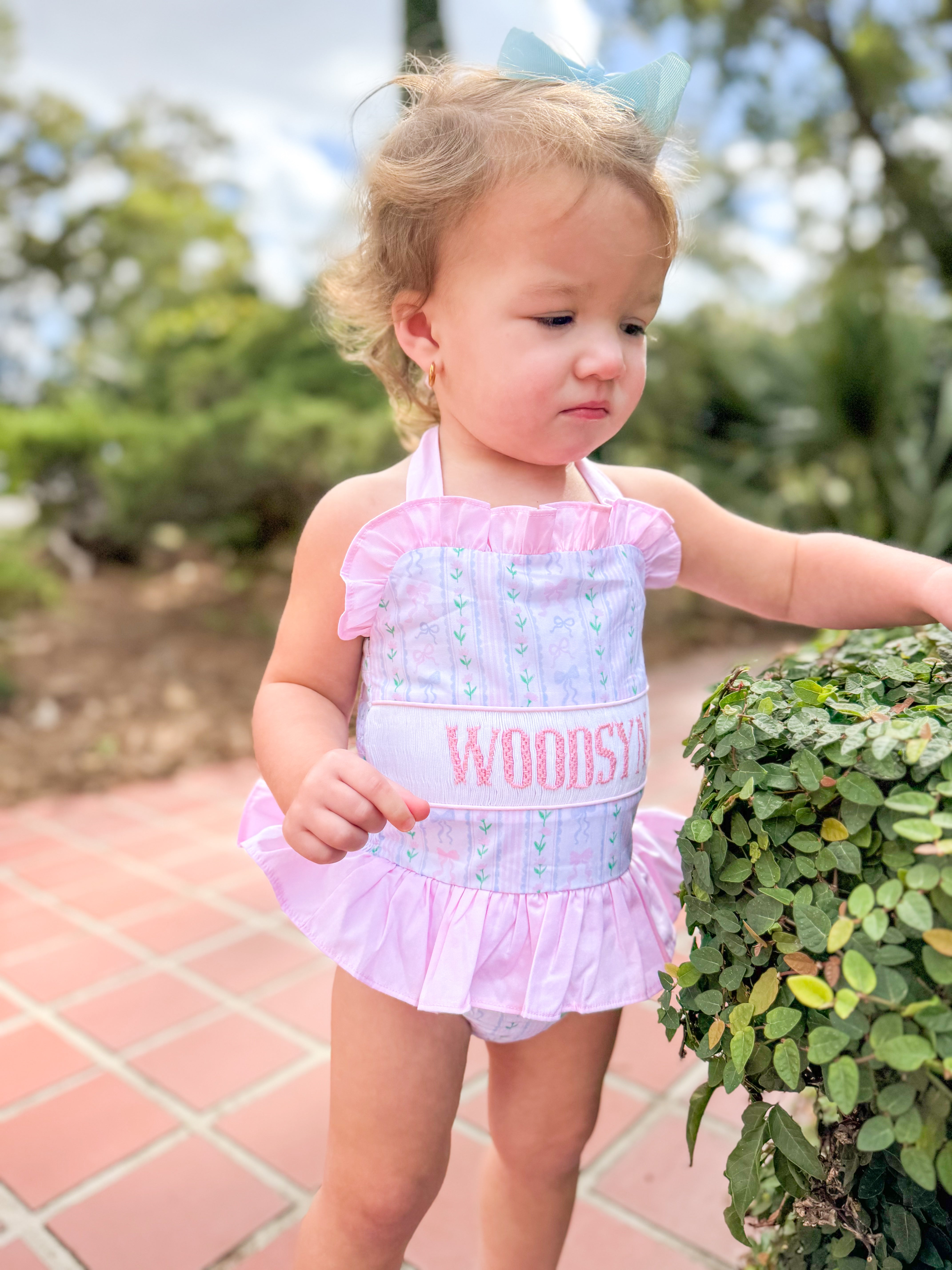 PRE ORDER Girls Name Smock Blooming Bows One-Piece Rash-Guard Swimsuit UPF 50+ | ETA to LBS: March