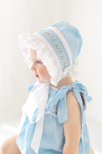 PRE ORDER Girls Blue Swiss Dot Smocked Bonnet| ETA to LBS: JANUARY