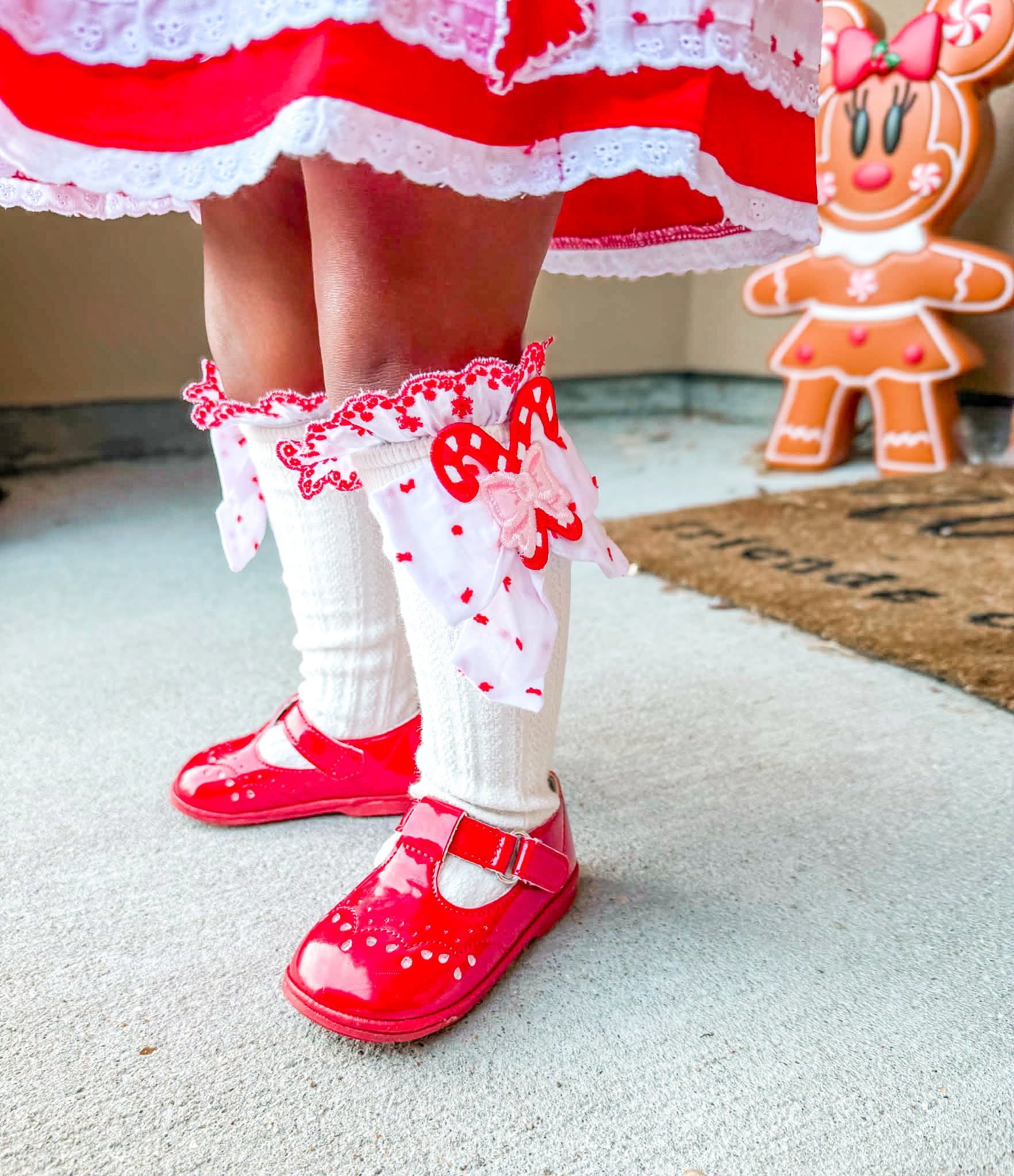 Girls Emboirdered Candy Cane Bow Knee High Socks