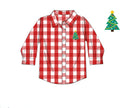 PRE ORDER Boys Red Plaid Hand Embroidered Christmas Tree Button Down Polo | ETA to LBS: OCTOBER