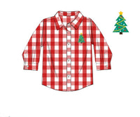 PRE ORDER Boys Red Plaid Hand Embroidered Christmas Tree Button Down Polo | ETA to LBS: OCTOBER