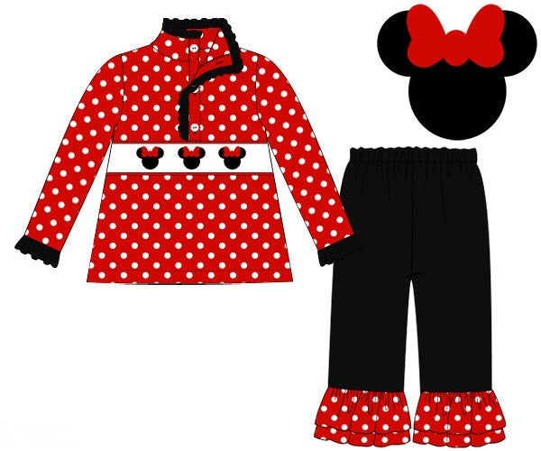 Girls Mouse Smocked Pullover Ruffle Pants Set