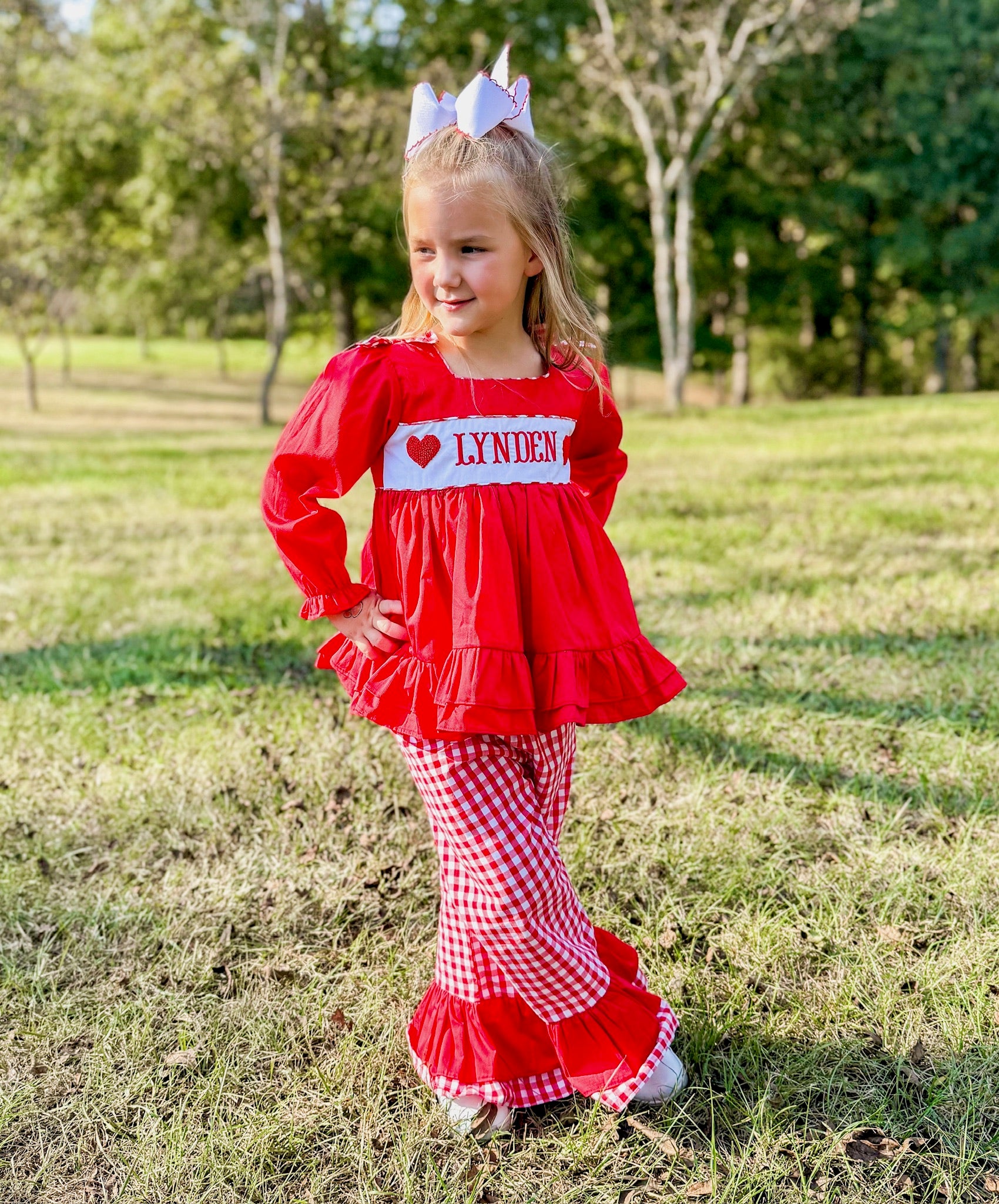 Girls Gingham French Knot Hearts, Embroidered XOXO Ruffle Pant Set