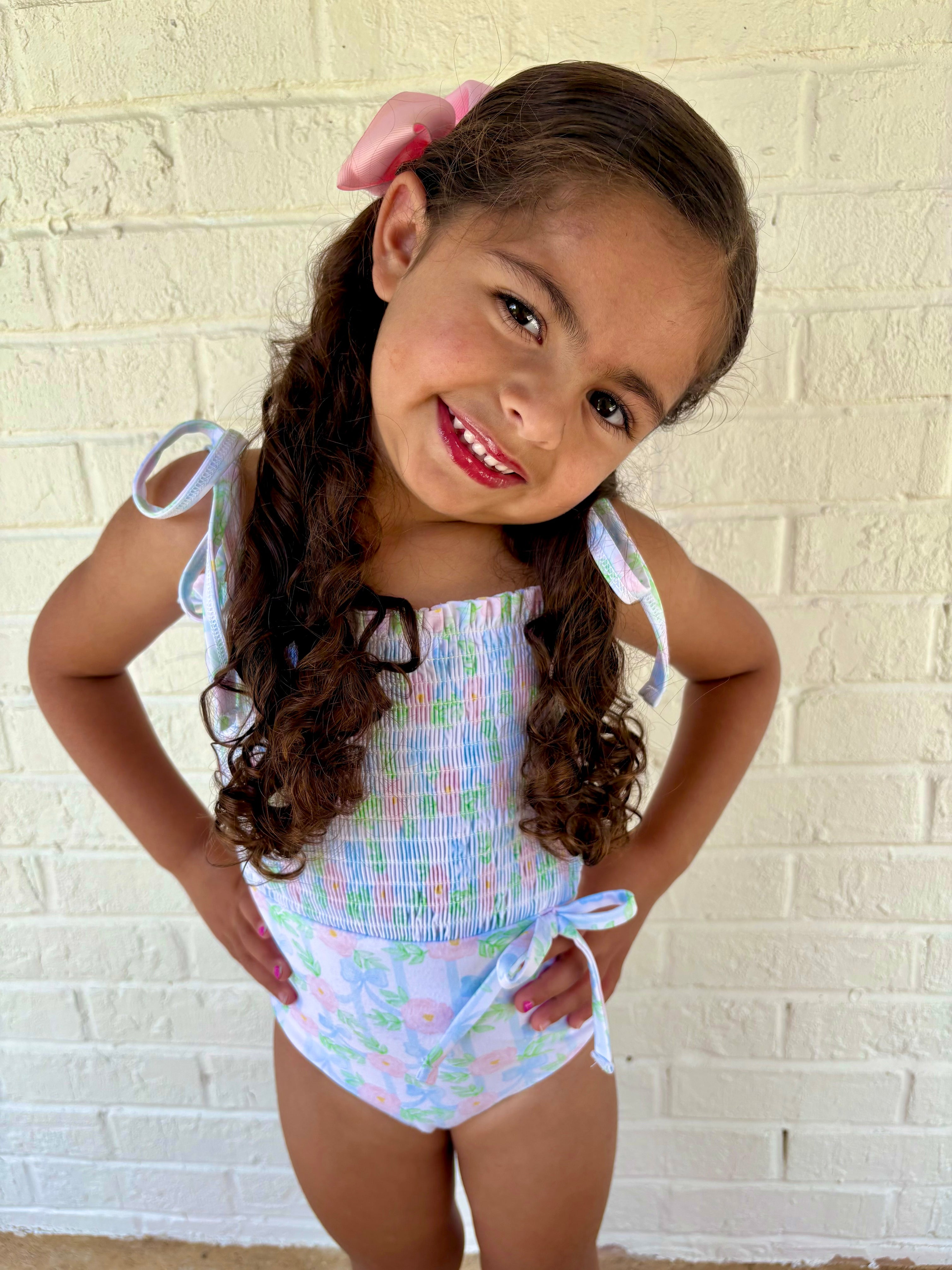 Girls Bow Floral 1 Piece Swimsuit
