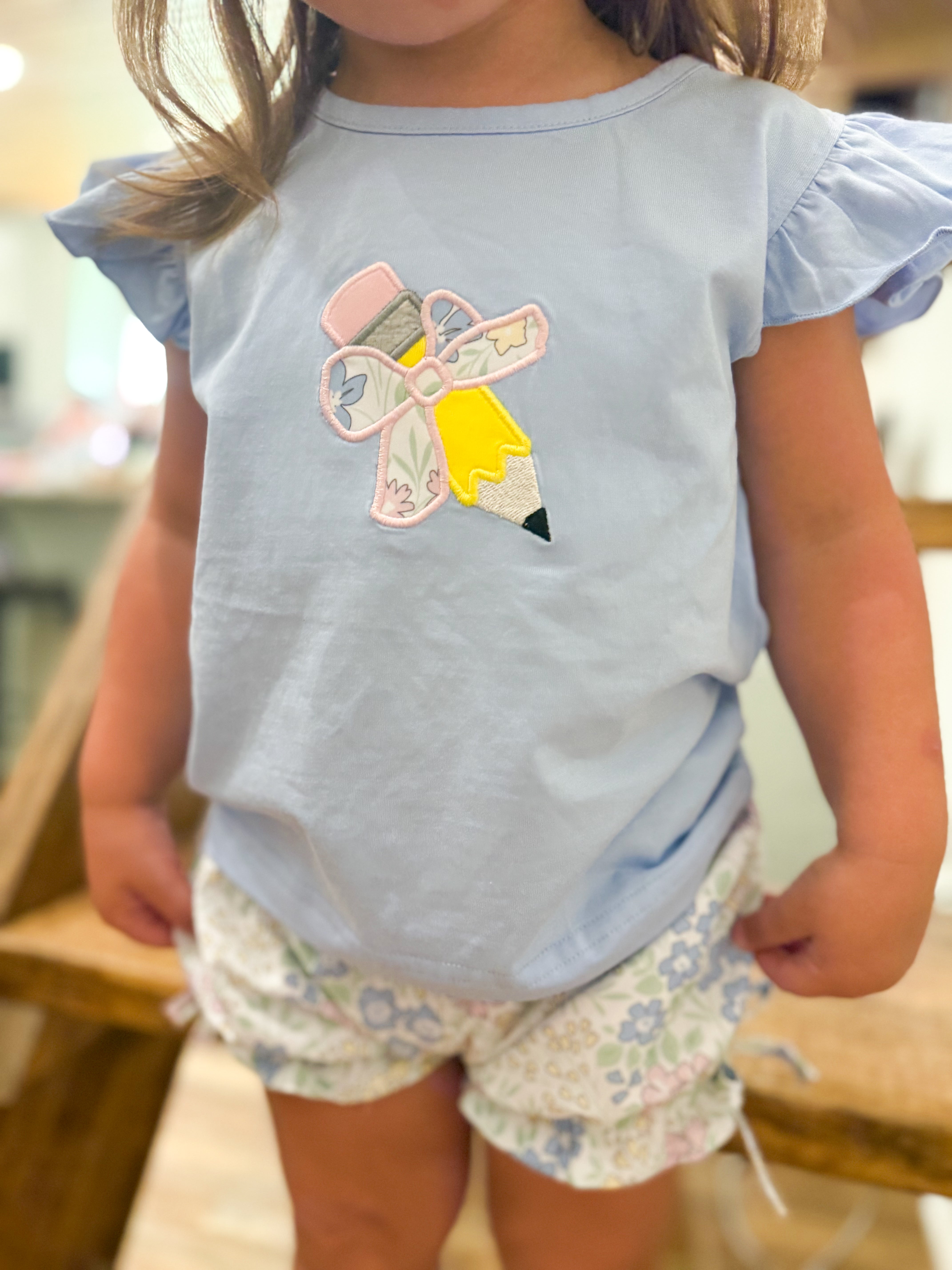 Girls Appliqué 2-Tops School Floral Bloomer Shorts Set