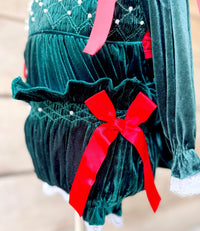 Girls Green Velvet Smocked Bloomer Set
