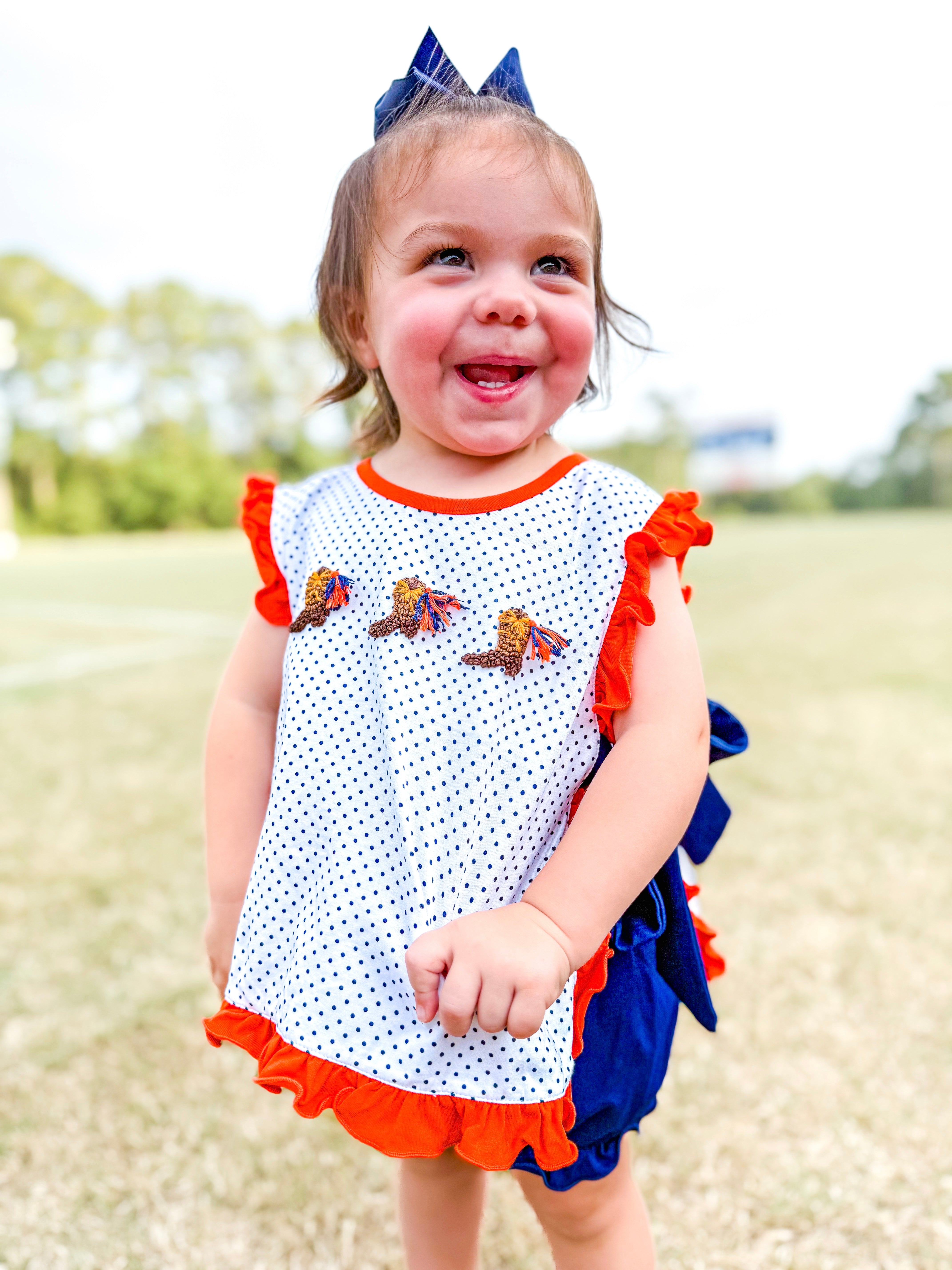 Orange & Navy French Knot Pom Pom Boots Bloomer Set