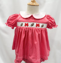 Red Smocked Footballs and Bows Bloomer Set