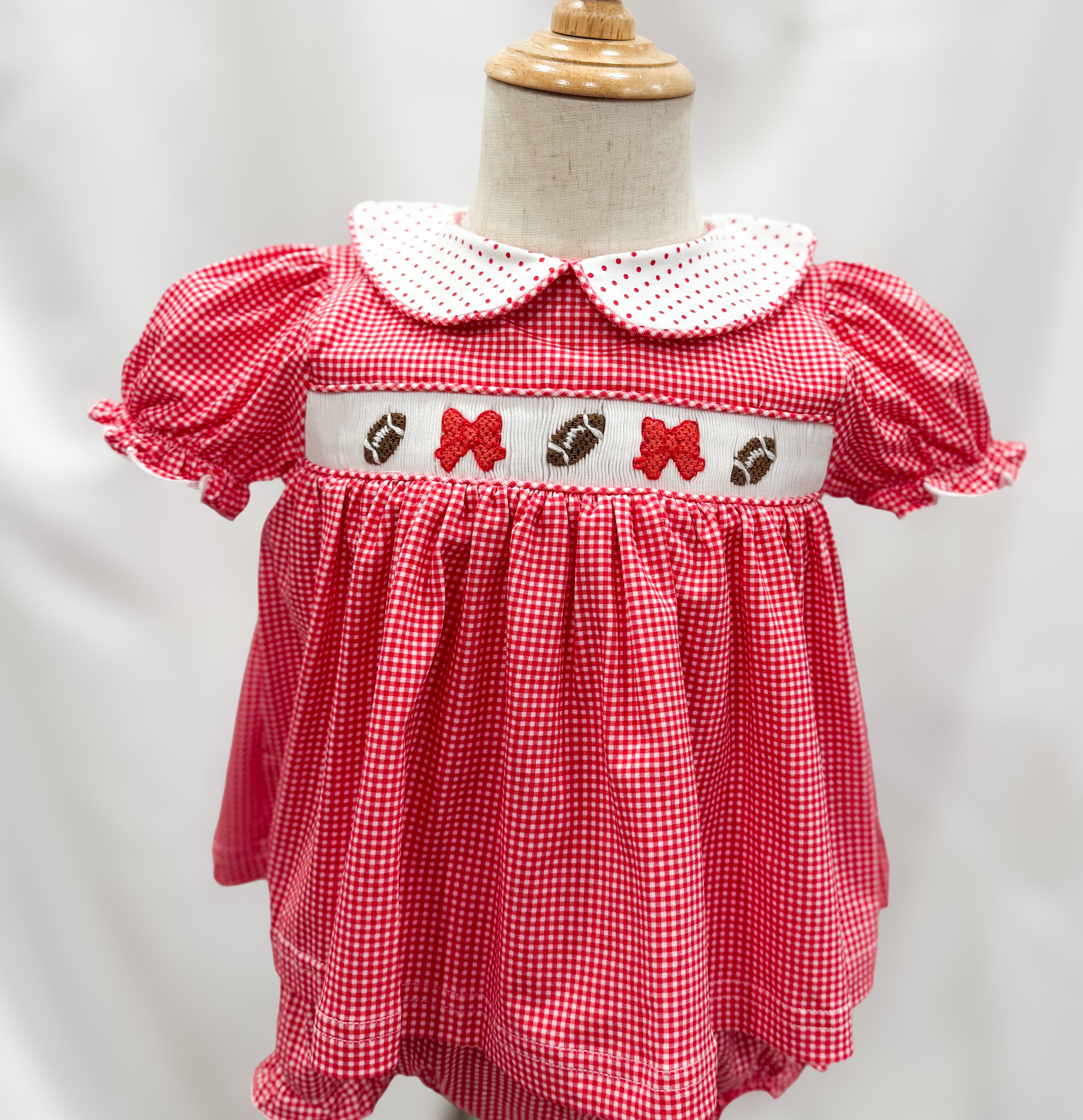 Red Smocked Footballs and Bows Bloomer Set