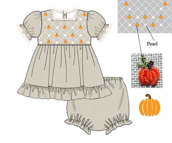 PRE ORDER Girls Smocked Heirloom Pearl Pumpkins Bloomer Set & Dress | ETA to LBS: SEPTEMBER