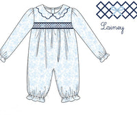 PRE ORDER Girls Smocked Blue Toile Long Romper | ETA to LBS: DECEMBER