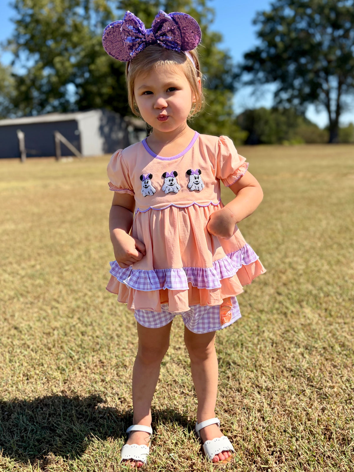 Girls French Knot Not So Spooky Mouse Ghost Ruffle Short Set