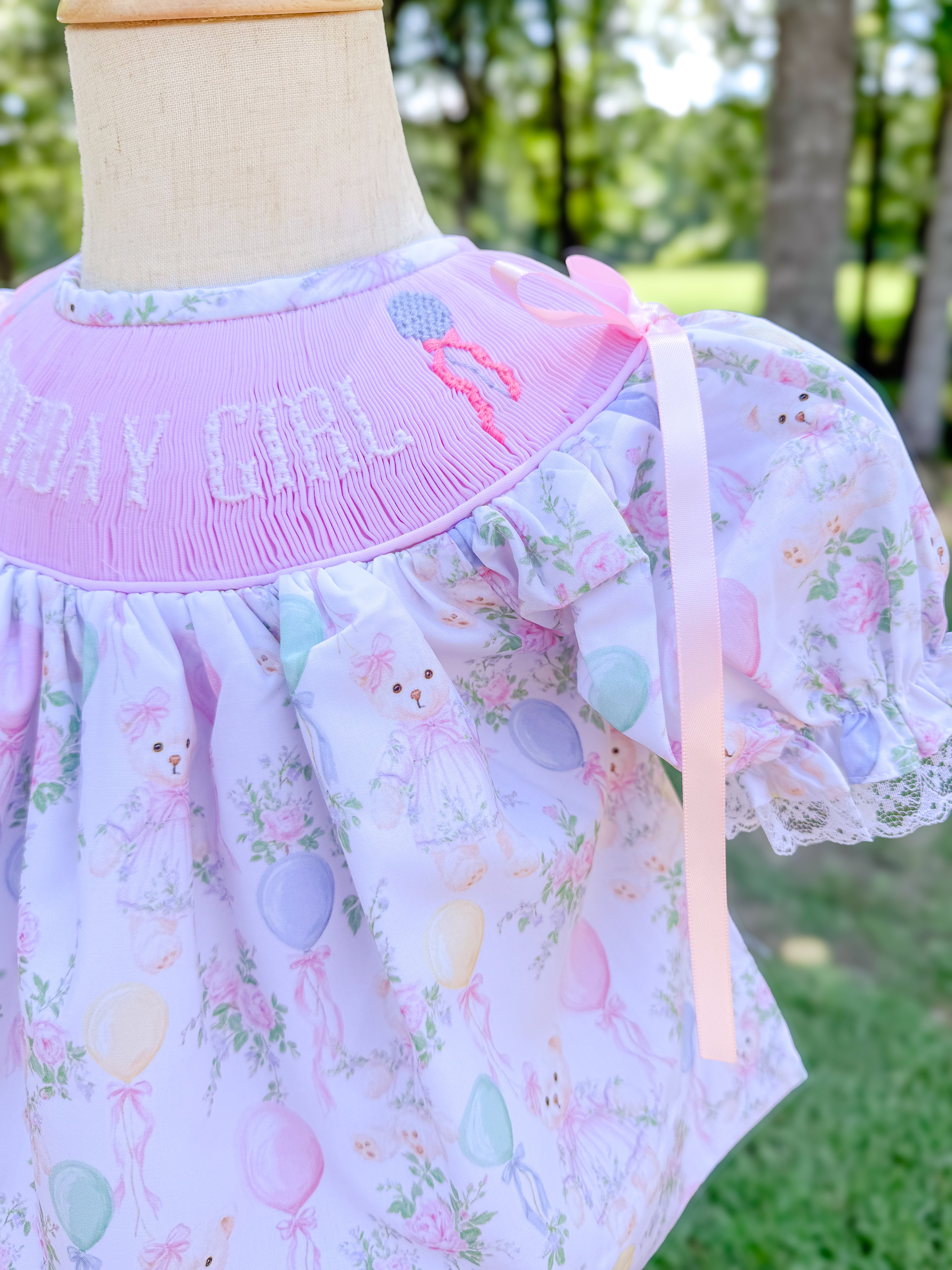 Girls Smocked “Birthday Girl” Beary Sweet Birthday Bloomer Set & Dress