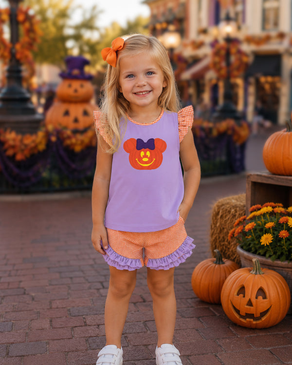 Girls Appliqué Jack-o’-lantern Mouse Ruffle Short Set