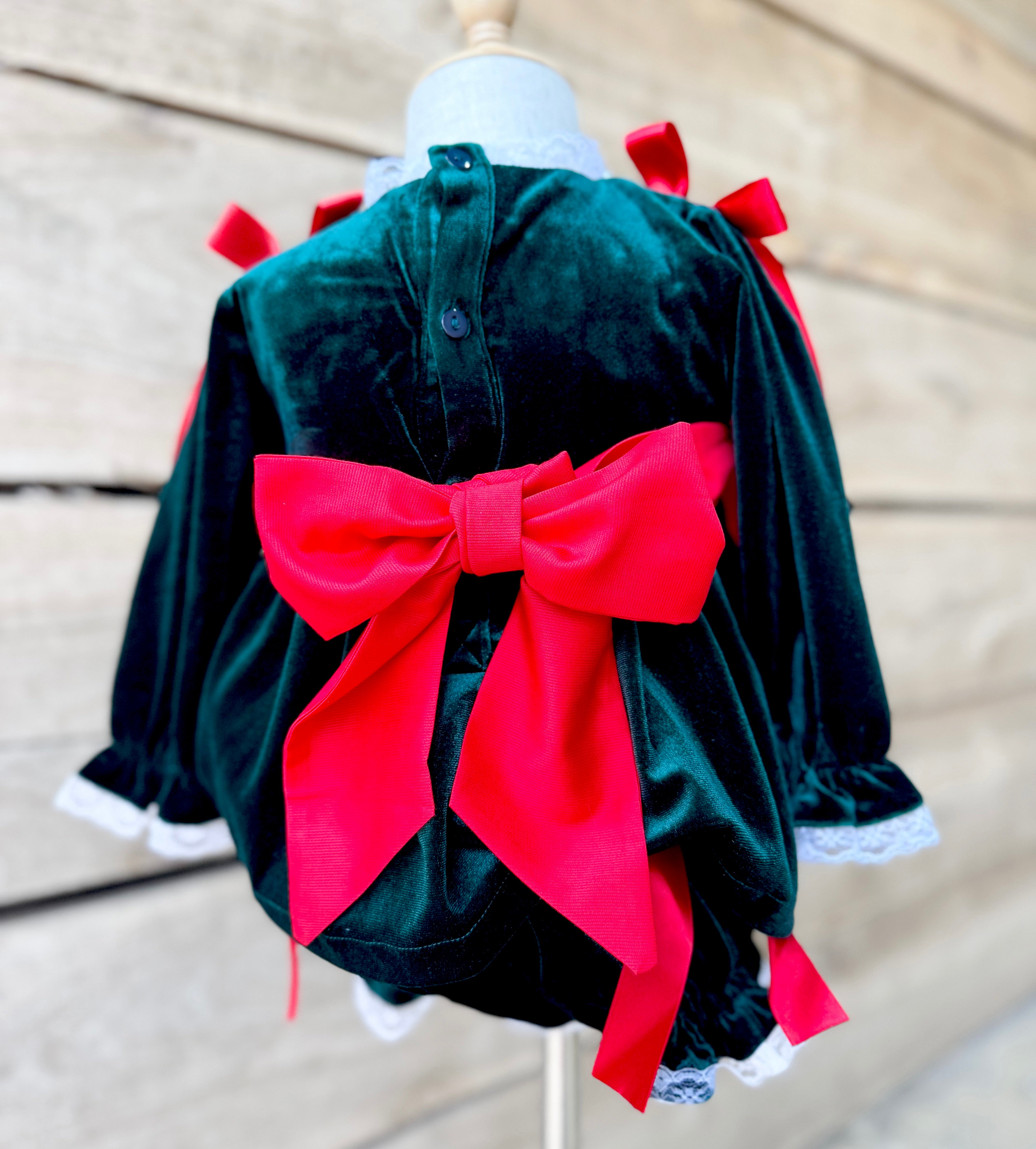 Girls Green Velvet Smocked Bloomer Set