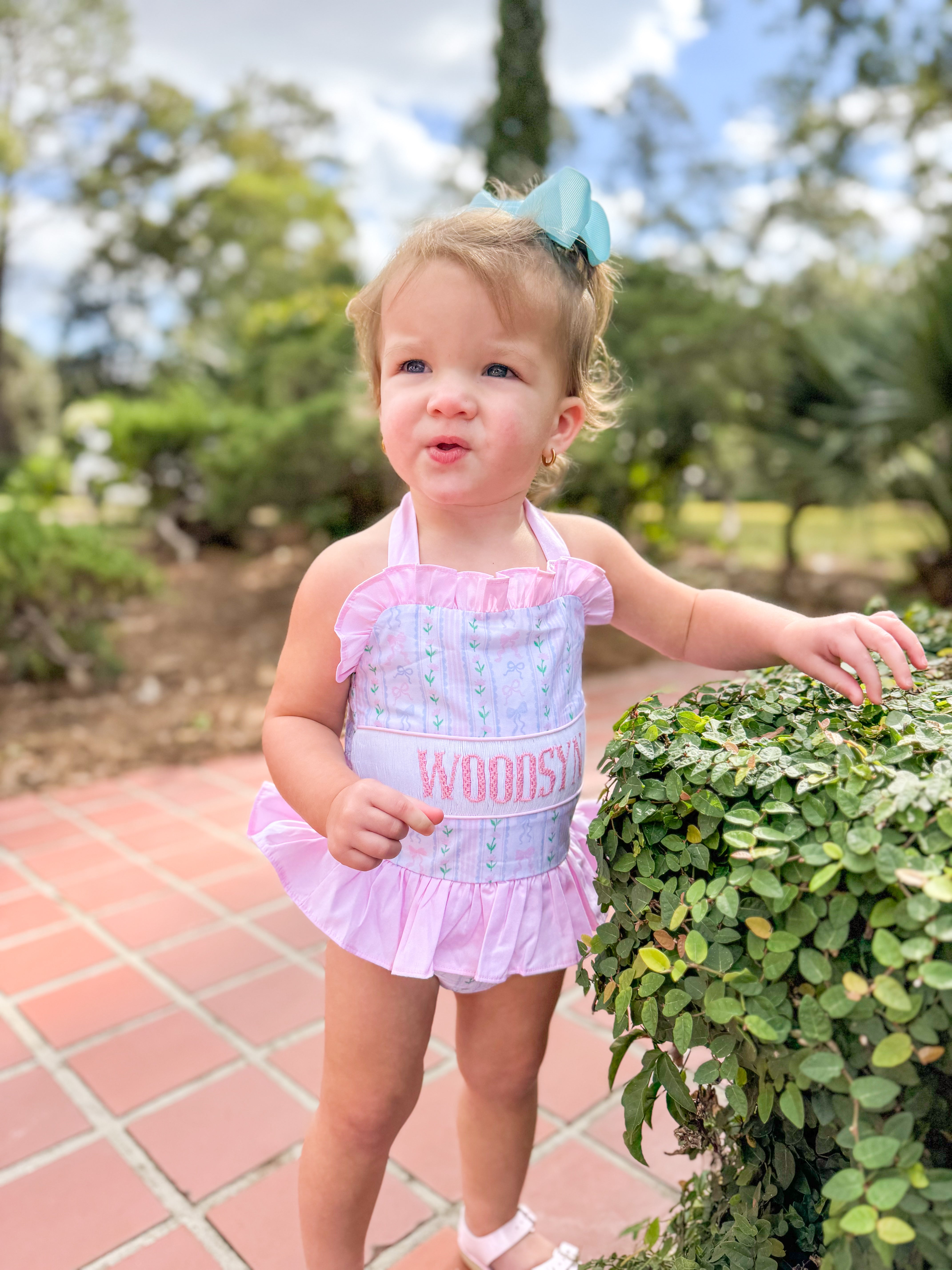 PRE ORDER Girls Name Smock Blooming Bows One-Piece Rash-Guard Swimsuit UPF 50+ | ETA to LBS: March