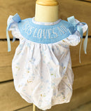 Girls “Jesus Loves Me” Smocked Blue Meadow Bubble