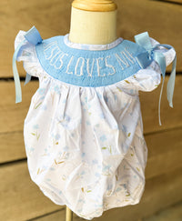Girls “Jesus Loves Me” Smocked Blue Meadow Bubble