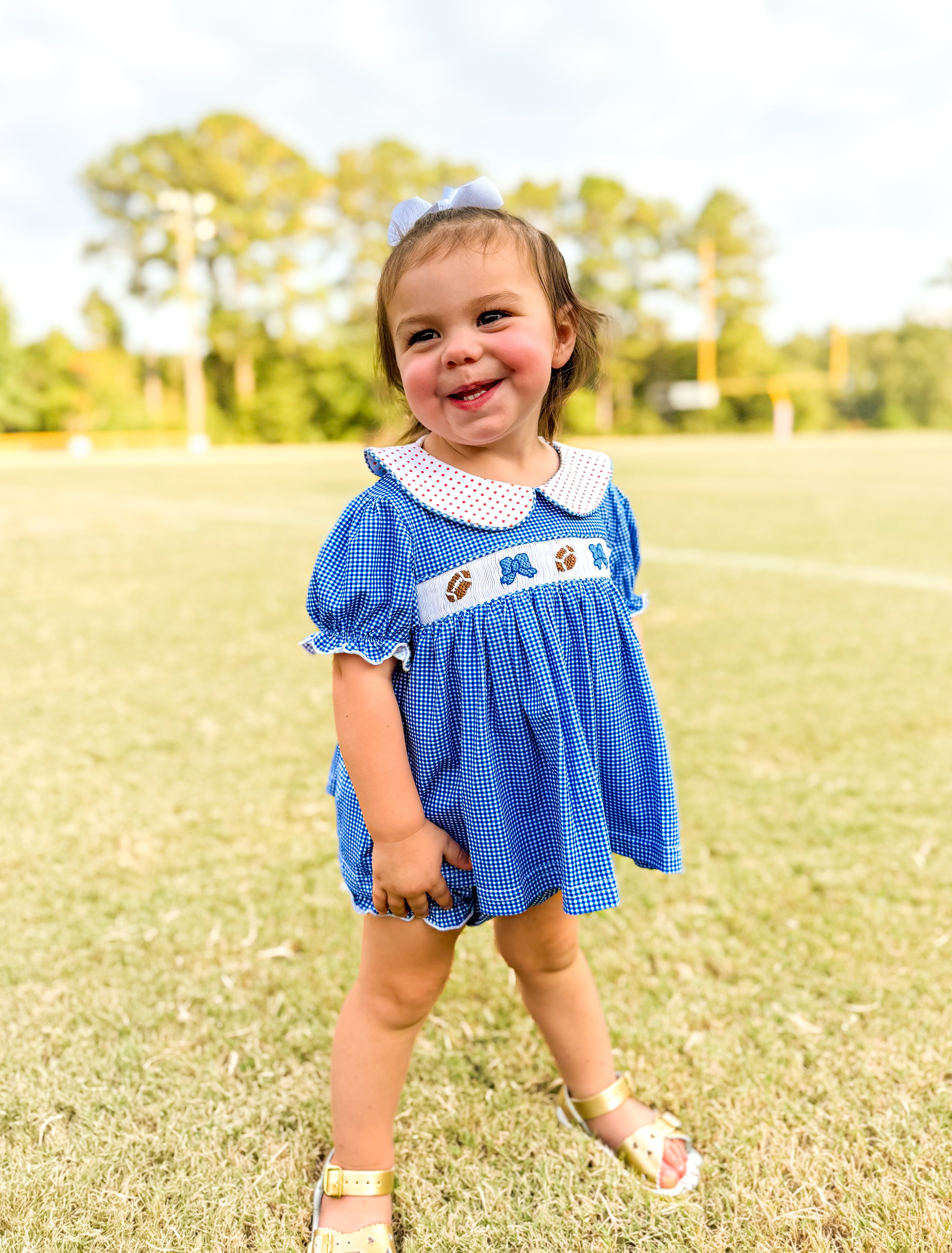 Royal Blue and Orange Dot Smocked Footballs and Bows Bloomer Set