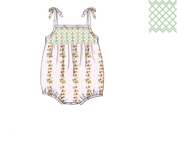 PRE ORDER Girls Smocked Strawberry Print Bubble ETA: MAY