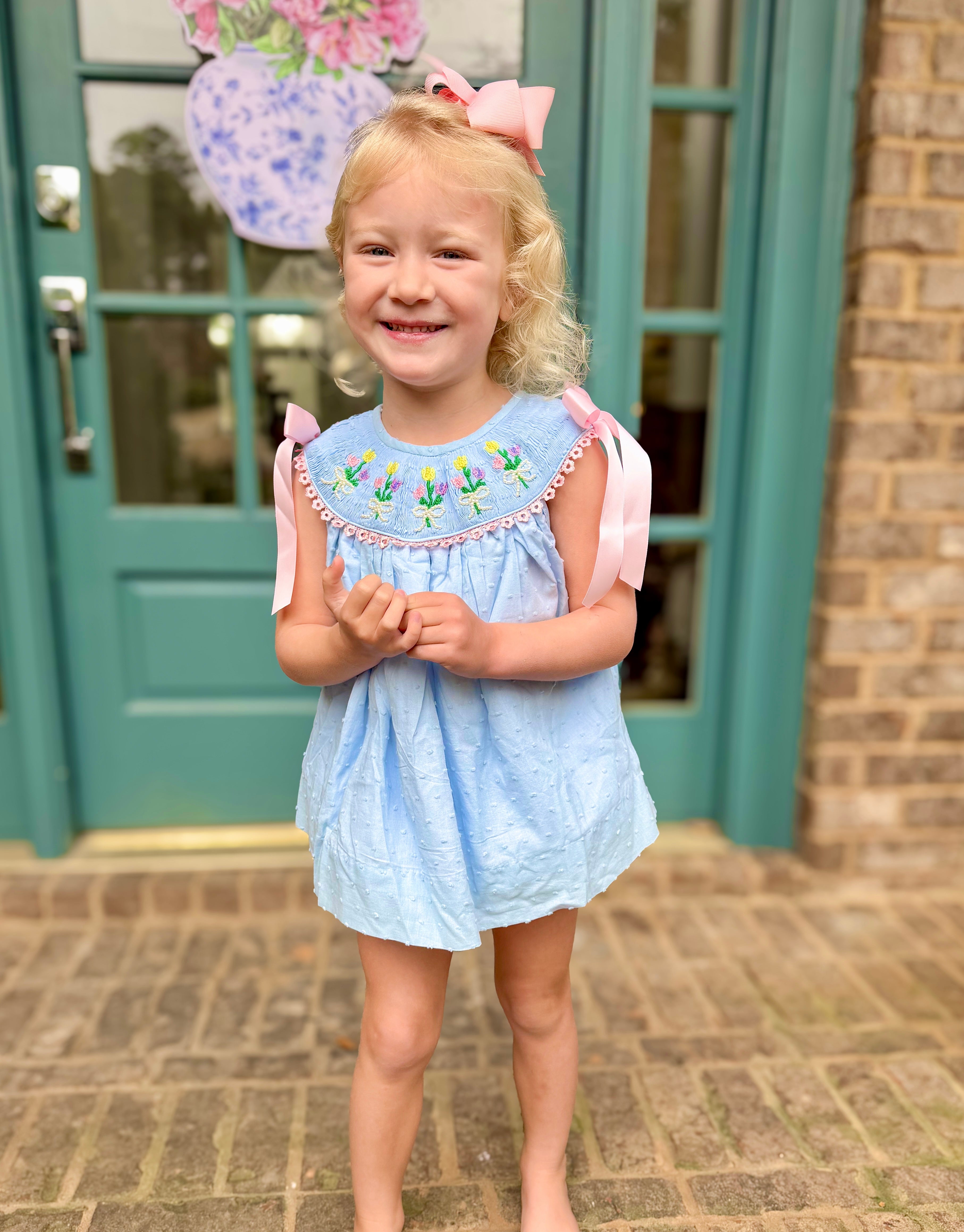 Girls Pearl Petal Smocked Bloomer Set & Dress